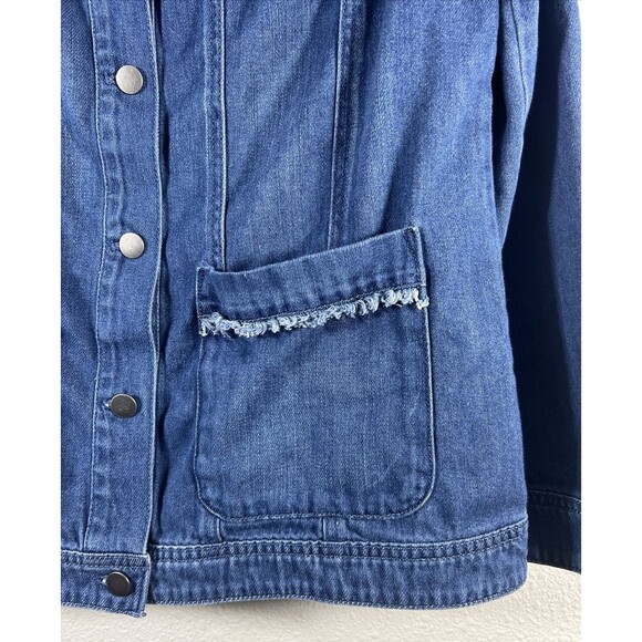 J Jill Denim Blue Jean Size Medium Fringe Trim Button 100% Cotton Shacket - Picture 3 of 12